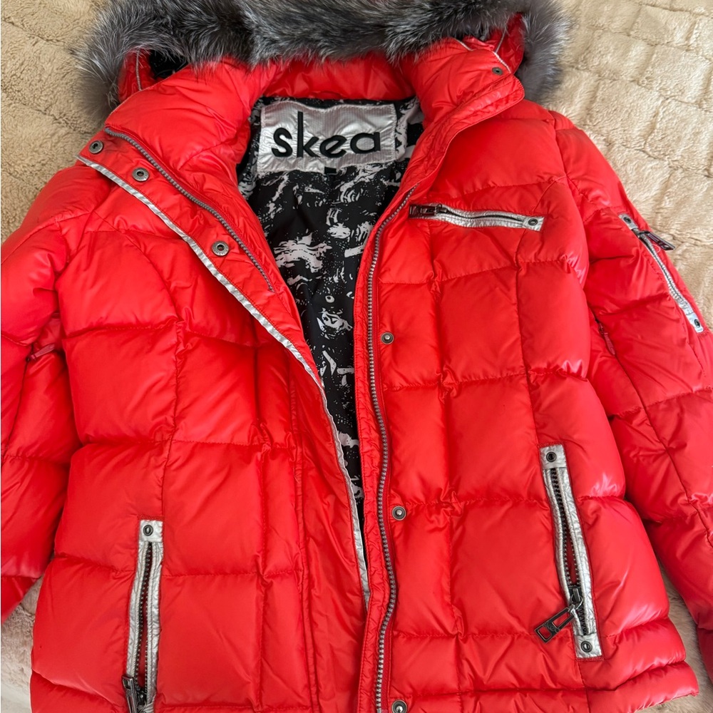 Skea Red Puffer Jacket with Faux Fur Hood